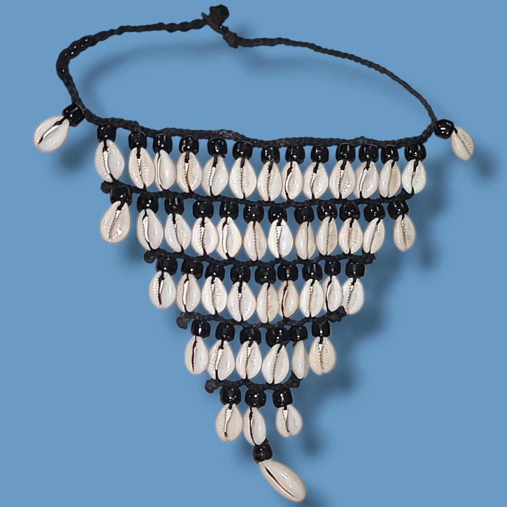 Vintage Handmade Cowrie Shell Bib Necklace Black White Statement 18" Boho